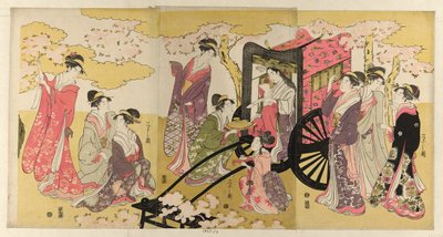 Noble woman in a carriage viewing cherry blossoms by Chobunsai Eishi