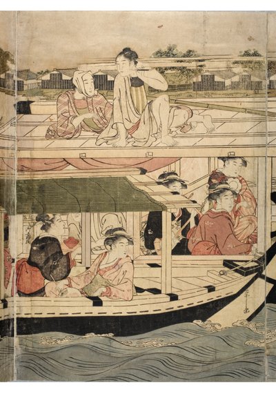 Part of a Horizontal Pentaptych of Sumida River Scene by Chobunsai Eishi