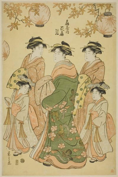 The Courtesan Hanaogi of the Ogiya, with Child Attendants Yoshino and Tatsuta by Chobunsai Eishi