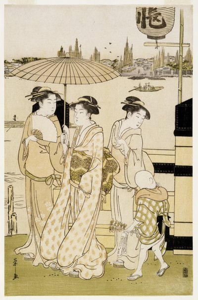 Three Women and a Boy along the Sumida River by Chobunsai Eishi
