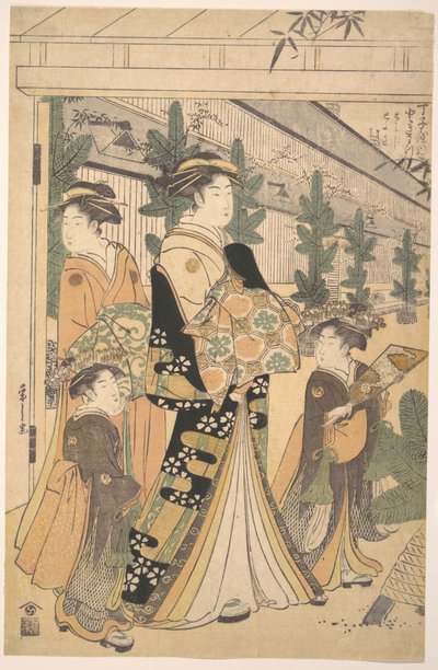Two Oiran with Two Female Attendants in the Yoshiwara by Chobunsai Eishi