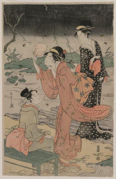 Women Beside a Stream Chasing Fireflies, mid 1790s by Chobunsai Eishi