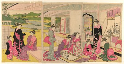 Women Viewing Scroll Paintings of the Gods of Good Fortune by Chobunsai Eishi