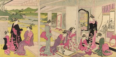 Women Viewing Scroll Paintings of the Gods of Good Fortune by Chobunsai Eishi