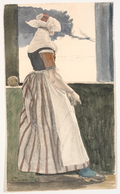 Young Girl Knitting in Salling Costume, Looking Out of a Window by Christen Dalsgaard