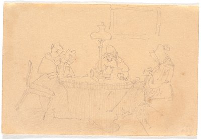 Evening Interior. Four Ladies around a Table, Sewing in Lamp Light by Christen Købke