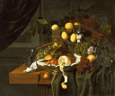 A Peeled Lemon, Oranges and Grapes in a Dish by Christiaan Luykx or Luycks