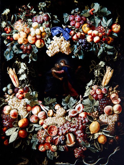 The Visitation in a Garland of Fruit by Christiaan Luykx or Luycks
