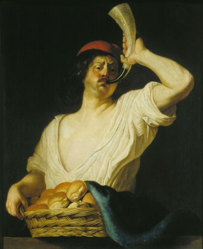 A Baker Blowing his Horn by Christiaen van Couwenbergh