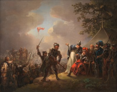 The Legend of the Danish Flag. The Dannebrog Falling from the Sky during the Battle of Lyndanise by Christian August Lorentzen