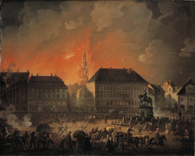 The Most Terrible Night, View of Kongens Nytorv in Copenhagen during the English Bombardment of Copenhagen at Night between 4 and 5 September 1807 by Christian August Lorentzen