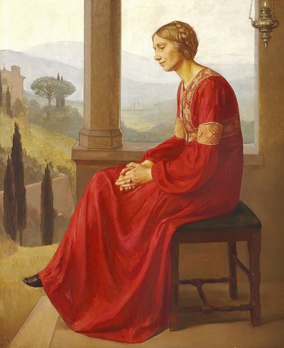 A Woman in a Red Dress Sitting on a Terrace in an Italian Landscape by Christian Bang