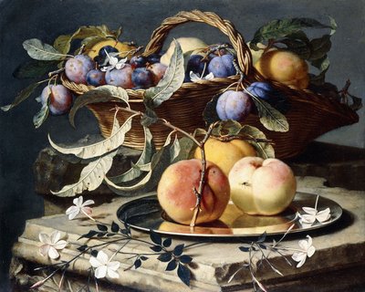 Peaches and Plums in a Wicker Basket, Peaches on a Silver Dish and Narcissi on Stone Plinths by Christian Berentz