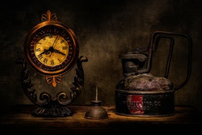 Vintage Clock and Oil Can by Christian Bibeau
