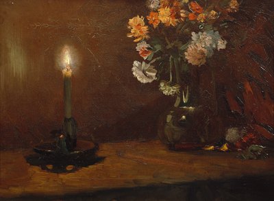 Arrangement with Candle and Flowers in Vase by Christian Eriksen Skredsvig