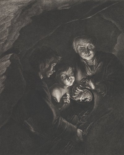 Night scene in a cave with an old woman holding burning coals in a pot, a boy blowing, ca. 1750-57 by Christian Friedrich Boëtius