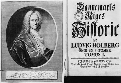 Baron Ludvig Holberg and the title page of Volume I of his History of Denmark, published in Copenhagen by Christian Friedrich Fritzsch