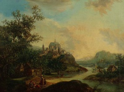 A Rhineland View with Figures in the foreground and a Fortified Town on a Hill Beyond by Christian Georg II Schutz or Schuz