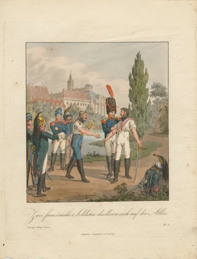 Two French soldiers fighting a duel on an avenue by Christian Gottfried Heinrich Geissler