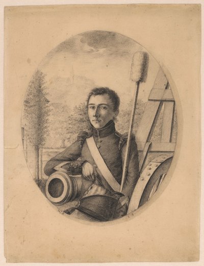 Portrait of a Young Soldier, Kepi in Right Hand, Leaning on a Cannon Barrel (Self-Portrait?) by Christian Heinrich Gottlieb Steuerwald