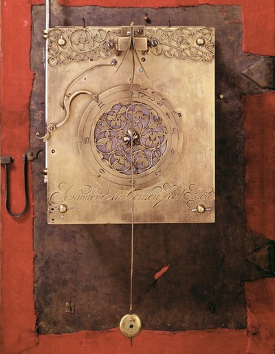 Early weight-driven pendulum clock (detail) by Christian Huygens