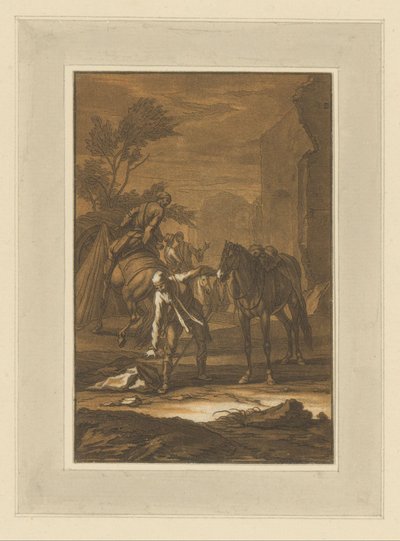 Man Next to Horse Bends to Pick Something from the Ground (Riders, Horses, and Battles) by Christian Rugendas