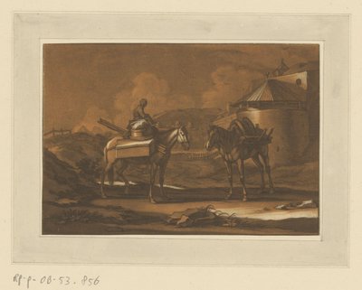 Two Packed Horses Outside City Wall, One with a Child Seated (Riders, Horses, and Battles) by Christian Rugendas
