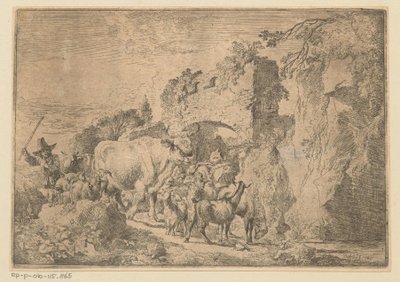 Shepherd with Flock by a Ruin by Christian Wilhelm Ernst Dietrich