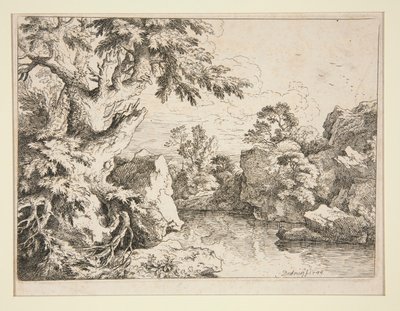 Landscape with Pond Bordered by Rocks and Trees by Christian Wilhelm Ernst Dietrich