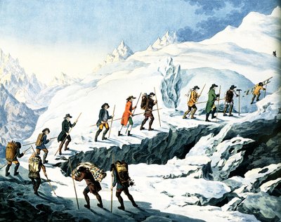 2nd Ascent of the Mont Blanc by Horace-Benedict de Saussure august 1787, colored engraving by Marquardt Wocher publishe in 1790 by Christian von Mechel