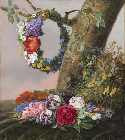 A Bouquet of Flowers at the Foot of a Tree. A Flower Wreath Hangs on a Branch by Christine Løvmand