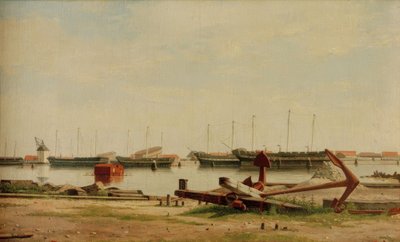 View of Nyholm with Crane and Warships by Christoffer Wilhelm Eckersberg