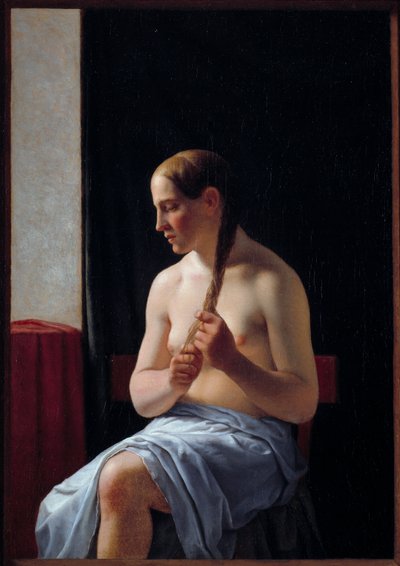 Nude Model Sitting. Portrait of a Woman Braiding Her Hair by Christoffer Wilhelm Eckersberg