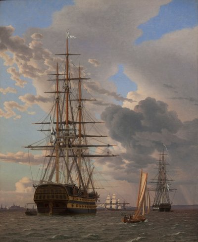 The Russian Ship of the Line "Asow" and a Frigate at Anchor in the Roads of Elsinore by Christoffer Wilhelm Eckersberg