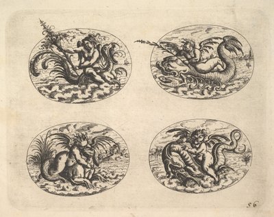 Four Ovals with Genii, Plates from the Neue Grotessken Buch, 1610 by Christoph Jamnitzer