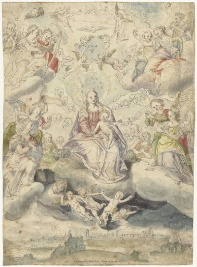 Mary and Child on the Clouds Among Angels and Cherubs by Christoph Schwarz