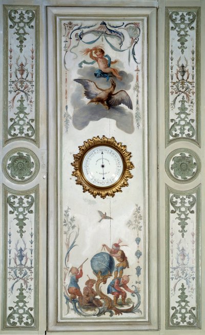 Panel of the large living room of the Chateau de Champs sur Marne with barometer and chinoiserie by Christophe Huet