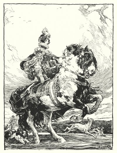 Woman in Tudor costume hunting on horseback by Christopher (after) Clark