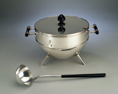 Soup tureen and ladle, manufactured by Hukin & Heath by Christopher Dresser
