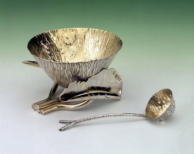 Sugar boat and sifter, manufactured by Hukin and Heath by Christopher Dresser