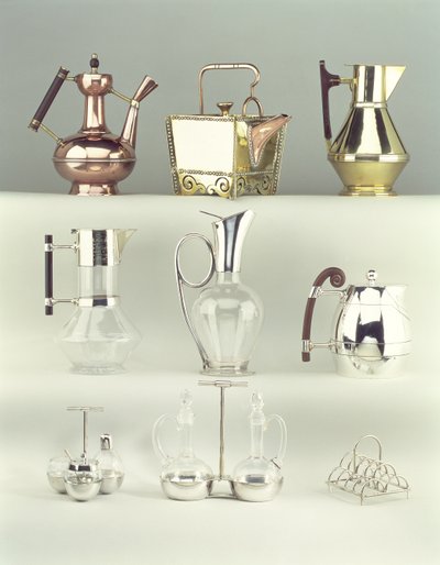 Oriental Coffee Pot, Benham & Froud, c.1888; Japanese Rivetted Square Teapot, Benham & Froud, c.1888; Claret Jug, Richard Perry, Son & Co., c.1880 by Christopher Dresser