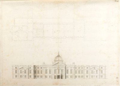 Hampton Court Palace, Part-plan and sketch elevation for an entrance façade, probably for 2nd scheme, numbered 5 & 6 by Christopher Wren