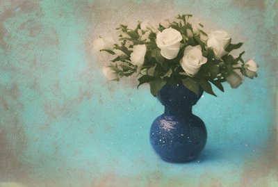 White Roses in Blue Vase by Cicero Spin