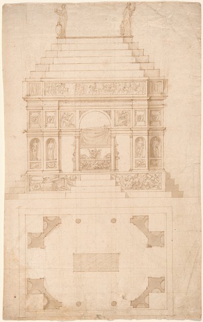 An Imperial Tomb: Elevation and Ground Plan by Circle of Antonio da Sangallo