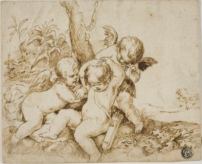 Two Putti Blindfolding a Third by Circle of Guido Reni