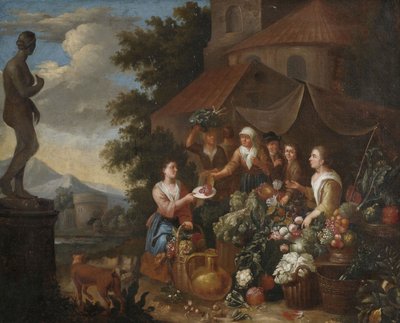 Selling Vegetables and Flowers at an Italian Market Stall by Circle of Norbert van Bloemen