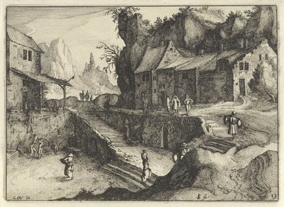 Mountain Village with Houses and Stairs (Hollandse landschappen / Amaeniores Aliquot Regiunculae) by Claes Jansz. Visscher (II)