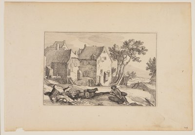 A Farmyard, Resting Shepherd in Centre Foreground, from Landscapes by Claes Jansz. Visscher