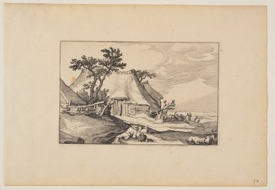 Barns, Resting Man with Basket of Eggs in Foreground, from Landscapes by Claes Jansz. Visscher