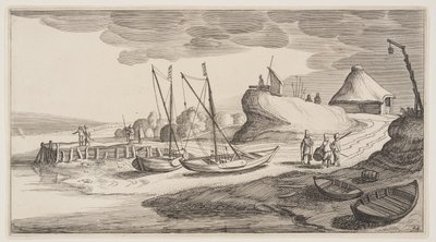 Boats Ashore Near a Watch-Tower, from Landscapes (Pleasant Landscapes) by Claes Jansz. Visscher II